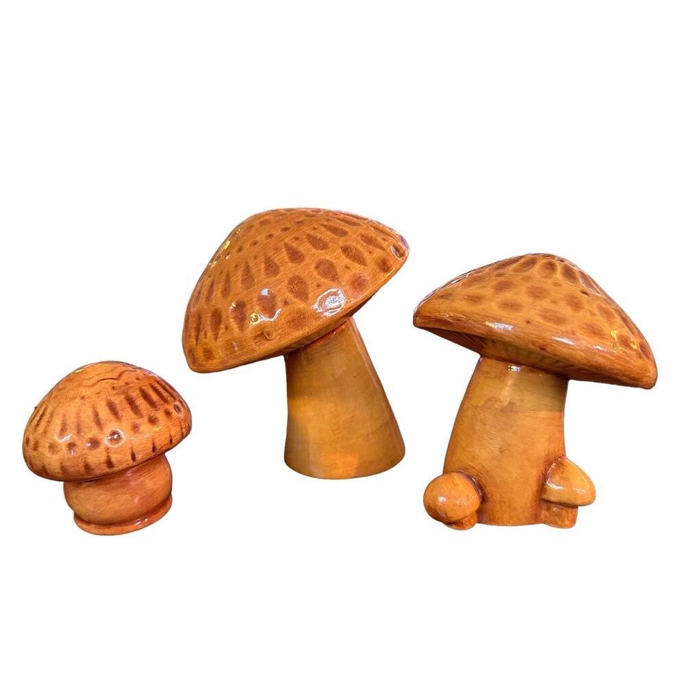 Set of 3 70s Retro Vintage MCM Mid Century Ceramic Mushroom Fairy Figurines Set